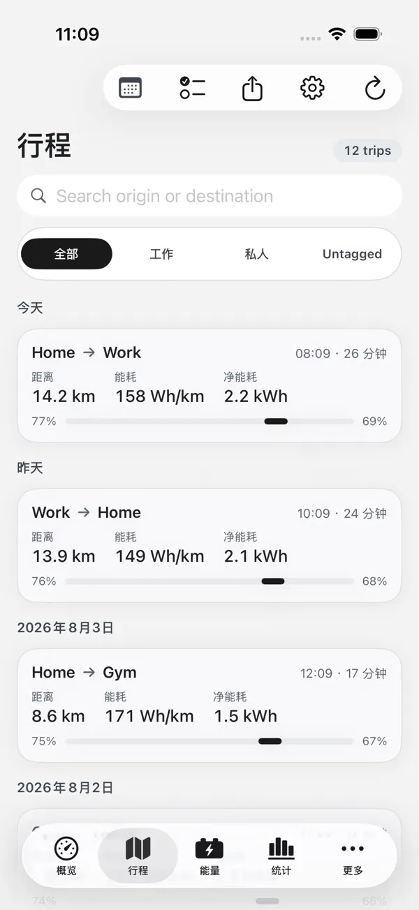 iOS 客户端行程历史列表界面